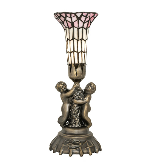Meyda Lighting Stained Glass Pond Lily 13" Antique Brass Table Lamp With Pink & White Shade Glass