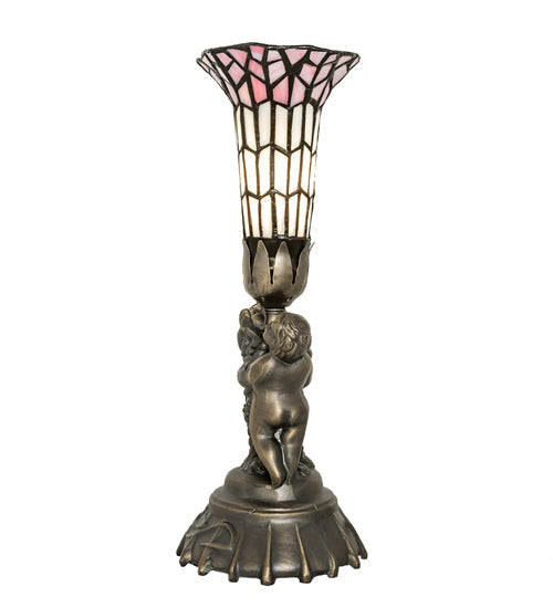 Meyda Lighting Stained Glass Pond Lily 13" Antique Brass Table Lamp With Pink & White Shade Glass