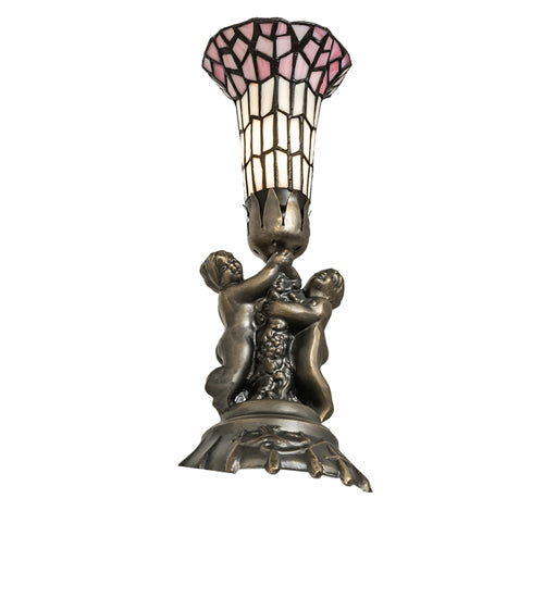 Meyda Lighting Stained Glass Pond Lily 13" Antique Brass Table Lamp With Pink & White Shade Glass