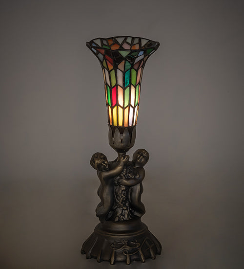 Meyda Lighting Stained Glass Pond Lily 13" Antique Brass Twin Cherub Accent Table Lamp With Multi-Colored Shade Glass