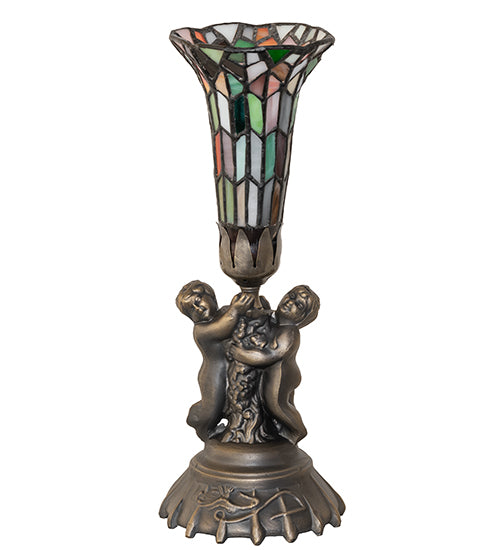 Meyda Lighting Stained Glass Pond Lily 13" Antique Brass Twin Cherub Accent Table Lamp With Multi-Colored Shade Glass