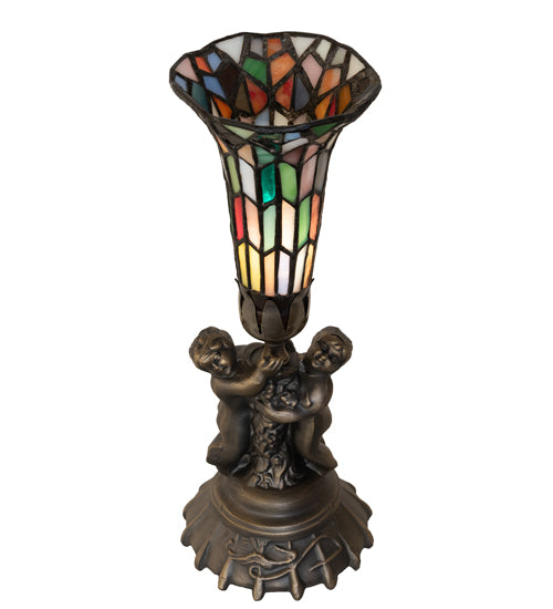 Meyda Lighting Stained Glass Pond Lily 13" Antique Brass Twin Cherub Accent Table Lamp With Multi-Colored Shade Glass