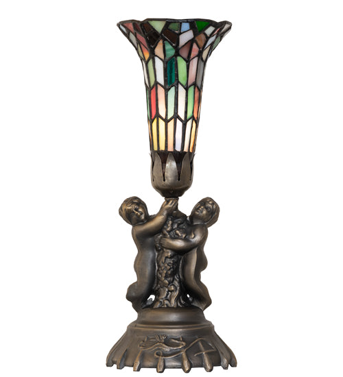 Meyda Lighting Stained Glass Pond Lily 13" Antique Brass Twin Cherub Accent Table Lamp With Multi-Colored Shade Glass