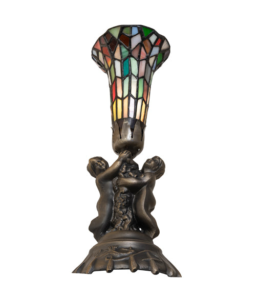 Meyda Lighting Stained Glass Pond Lily 13" Antique Brass Twin Cherub Accent Table Lamp With Multi-Colored Shade Glass