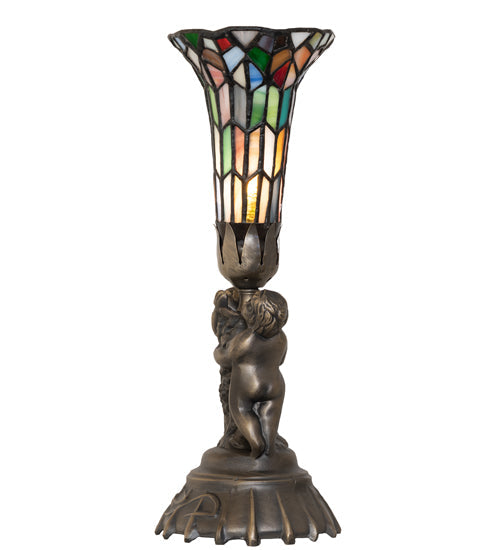 Meyda Lighting Stained Glass Pond Lily 13" Antique Brass Twin Cherub Accent Table Lamp With Multi-Colored Shade Glass