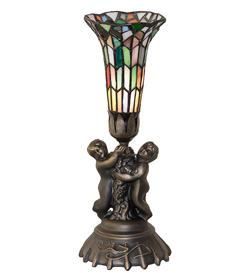 Meyda Lighting Stained Glass Pond Lily 13" Antique Brass Twin Cherub Accent Table Lamp With Multi-Colored Shade Glass