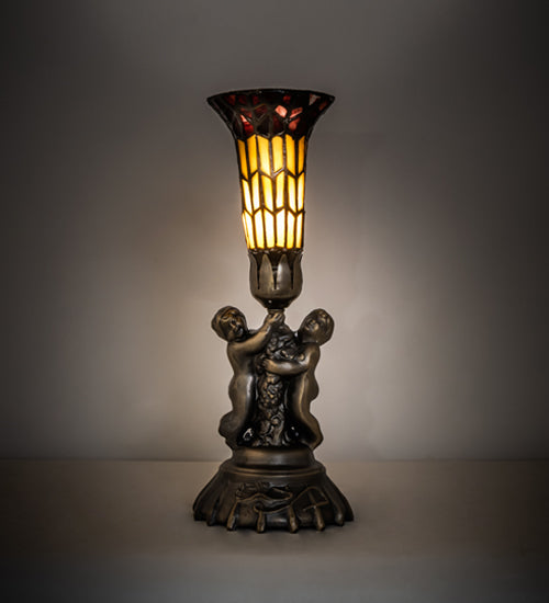 Meyda Lighting Stained Glass Pond Lily 13" Antique Brass Twin Cherub Accent Table Lamp With Red & Yellow Shade Glass