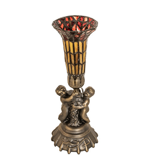 Meyda Lighting Stained Glass Pond Lily 13" Antique Brass Twin Cherub Accent Table Lamp With Red & Yellow Shade Glass