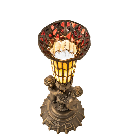Meyda Lighting Stained Glass Pond Lily 13" Antique Brass Twin Cherub Accent Table Lamp With Red & Yellow Shade Glass