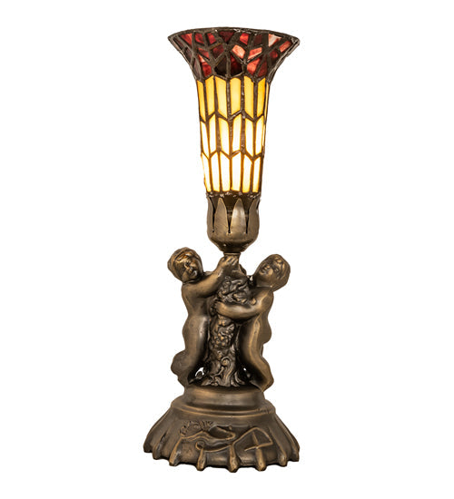 Meyda Lighting Stained Glass Pond Lily 13" Antique Brass Twin Cherub Accent Table Lamp With Red & Yellow Shade Glass