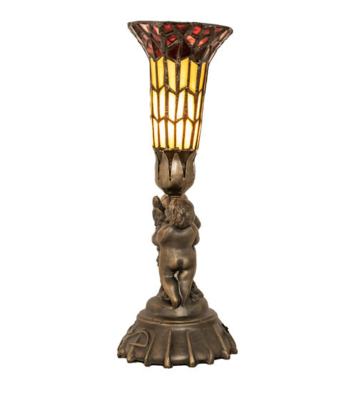 Meyda Lighting Stained Glass Pond Lily 13" Antique Brass Twin Cherub Accent Table Lamp With Red & Yellow Shade Glass