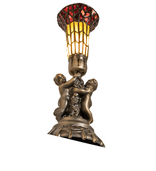 Meyda Lighting Stained Glass Pond Lily 13" Antique Brass Twin Cherub Accent Table Lamp With Red & Yellow Shade Glass