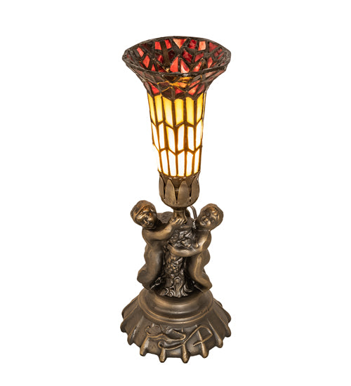 Meyda Lighting Stained Glass Pond Lily 13" Antique Brass Twin Cherub Accent Table Lamp With Red & Yellow Shade Glass