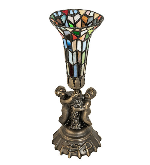 Meyda Lighting Stained Glass Pond Lily 13" Antique Brass Twin Cherub Mini Table Lamp With Multi-Colored Art Shade Glass
