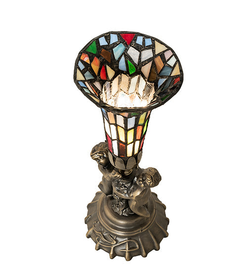 Meyda Lighting Stained Glass Pond Lily 13" Antique Brass Twin Cherub Mini Table Lamp With Multi-Colored Art Shade Glass