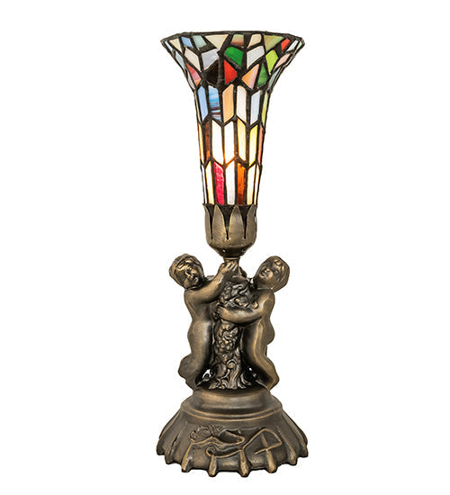 Meyda Lighting Stained Glass Pond Lily 13" Antique Brass Twin Cherub Mini Table Lamp With Multi-Colored Art Shade Glass