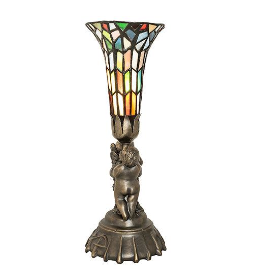 Meyda Lighting Stained Glass Pond Lily 13" Antique Brass Twin Cherub Mini Table Lamp With Multi-Colored Art Shade Glass