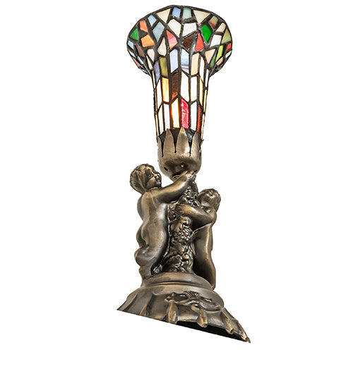 Meyda Lighting Stained Glass Pond Lily 13" Antique Brass Twin Cherub Mini Table Lamp With Multi-Colored Art Shade Glass
