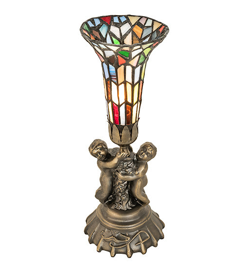Meyda Lighting Stained Glass Pond Lily 13" Antique Brass Twin Cherub Mini Table Lamp With Multi-Colored Art Shade Glass
