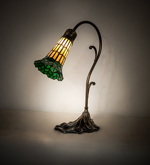 Meyda Lighting Stained Glass Pond Lily 15" Antique Brass Accent Table Lamp With Amber & Green Shade Glass