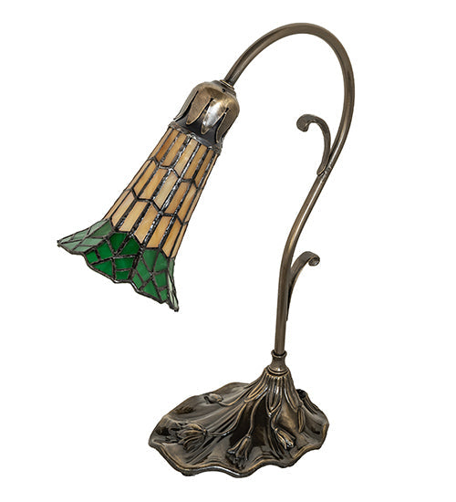 Meyda Lighting Stained Glass Pond Lily 15" Antique Brass Accent Table Lamp With Amber & Green Shade Glass