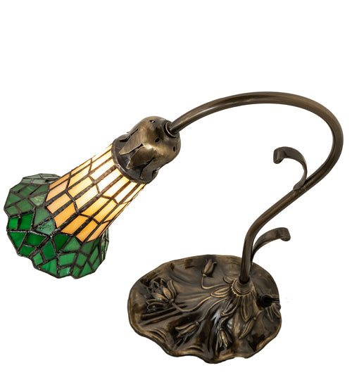 Meyda Lighting Stained Glass Pond Lily 15" Antique Brass Accent Table Lamp With Amber & Green Shade Glass