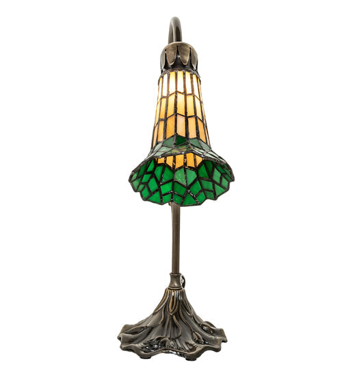 Meyda Lighting Stained Glass Pond Lily 15" Antique Brass Accent Table Lamp With Amber & Green Shade Glass