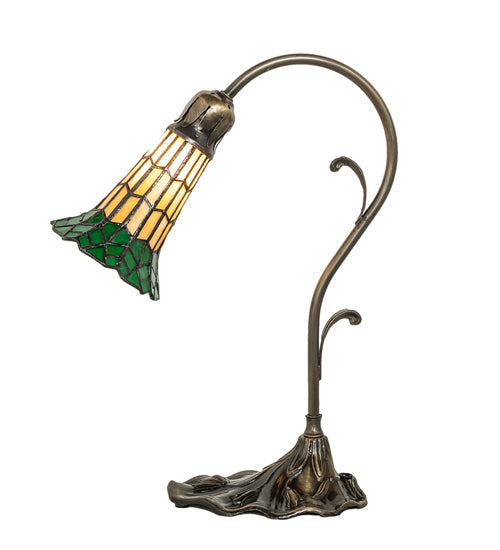 Meyda Lighting Stained Glass Pond Lily 15" Antique Brass Accent Table Lamp With Amber & Green Shade Glass