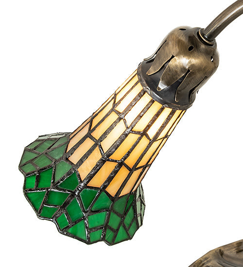 Meyda Lighting Stained Glass Pond Lily 15" Antique Brass Accent Table Lamp With Amber & Green Shade Glass