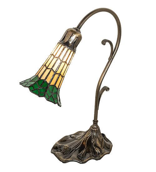 Meyda Lighting Stained Glass Pond Lily 15" Antique Brass Accent Table Lamp With Amber & Green Shade Glass