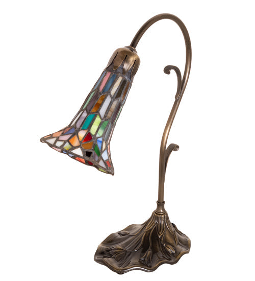 Meyda Lighting Stained Glass Pond Lily 15" Antique Brass Accent Table Lamp With Multi-Colored Shade Glass