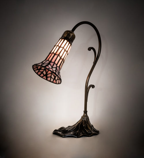 Meyda Lighting Stained Glass Pond Lily 15" Antique Brass Accent Table Lamp With Pink Shade Glass