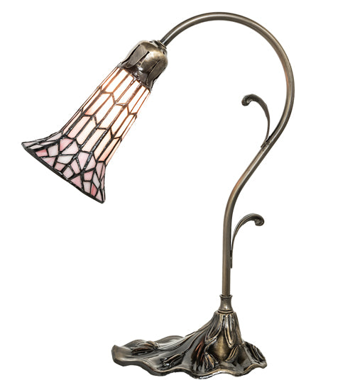 Meyda Lighting Stained Glass Pond Lily 15" Antique Brass Accent Table Lamp With Pink Shade Glass