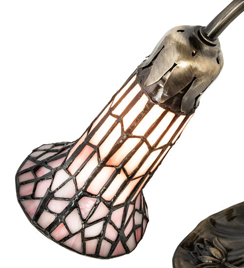 Meyda Lighting Stained Glass Pond Lily 15" Antique Brass Accent Table Lamp With Pink Shade Glass
