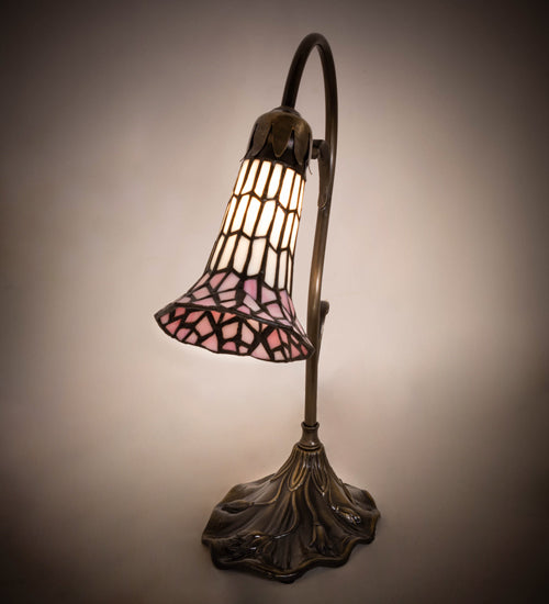 Meyda Lighting Stained Glass Pond Lily 15" Antique Brass Accent Table Lamp With Pink & White Shade Glass