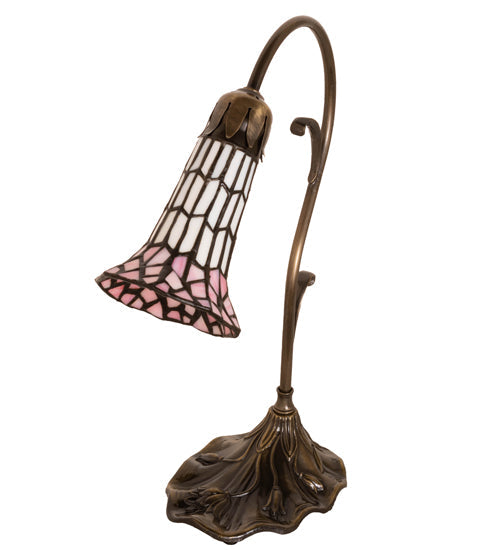 Meyda Lighting Stained Glass Pond Lily 15" Antique Brass Accent Table Lamp With Pink & White Shade Glass