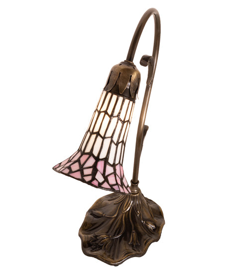 Meyda Lighting Stained Glass Pond Lily 15" Antique Brass Accent Table Lamp With Pink & White Shade Glass