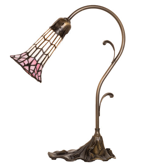 Meyda Lighting Stained Glass Pond Lily 15" Antique Brass Accent Table Lamp With Pink & White Shade Glass