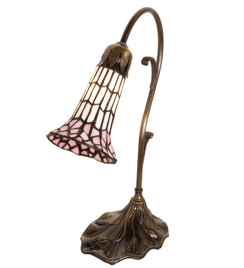 Meyda Lighting Stained Glass Pond Lily 15" Antique Brass Accent Table Lamp With Pink & White Shade Glass