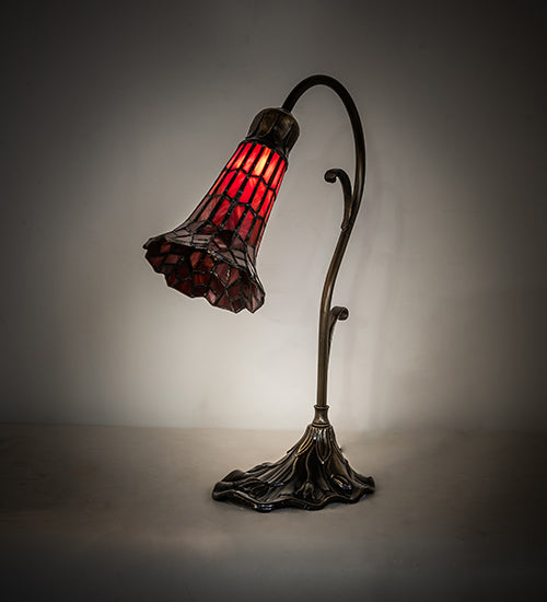 Meyda Lighting Stained Glass Pond Lily 15" Antique Brass Accent Table Lamp With Red Shade Glass
