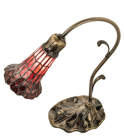 Meyda Lighting Stained Glass Pond Lily 15" Antique Brass Accent Table Lamp With Red Shade Glass
