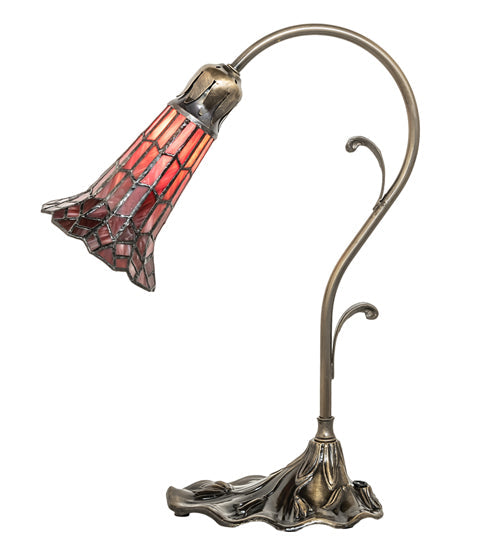 Meyda Lighting Stained Glass Pond Lily 15" Antique Brass Accent Table Lamp With Red Shade Glass