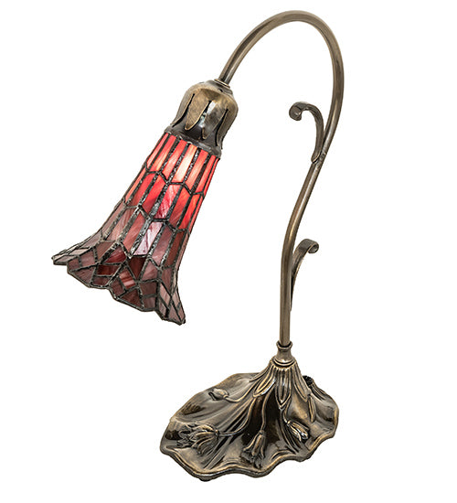 Meyda Lighting Stained Glass Pond Lily 15" Antique Brass Accent Table Lamp With Red Shade Glass