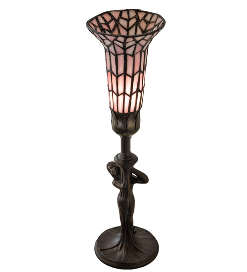 Meyda Lighting Stained Glass Pond Lily 15" Mahogany Bronze Nouveau Accent Table Lamp With Pink Shade Glass
