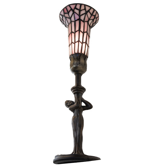 Meyda Lighting Stained Glass Pond Lily 15" Mahogany Bronze Nouveau Accent Table Lamp With Pink Shade Glass