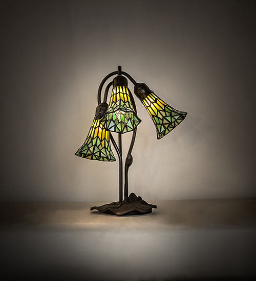 Meyda Lighting Stained Glass Pond Lily 16" 3-Light Mahogany Bronze Accent Table Lamp With Green Shade Glass