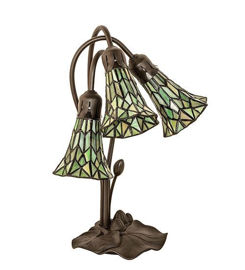 Meyda Lighting Stained Glass Pond Lily 16" 3-Light Mahogany Bronze Accent Table Lamp With Green Shade Glass