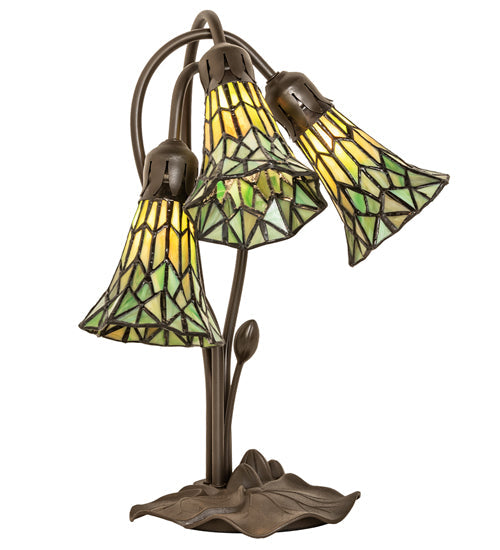 Meyda Lighting Stained Glass Pond Lily 16" 3-Light Mahogany Bronze Accent Table Lamp With Green Shade Glass
