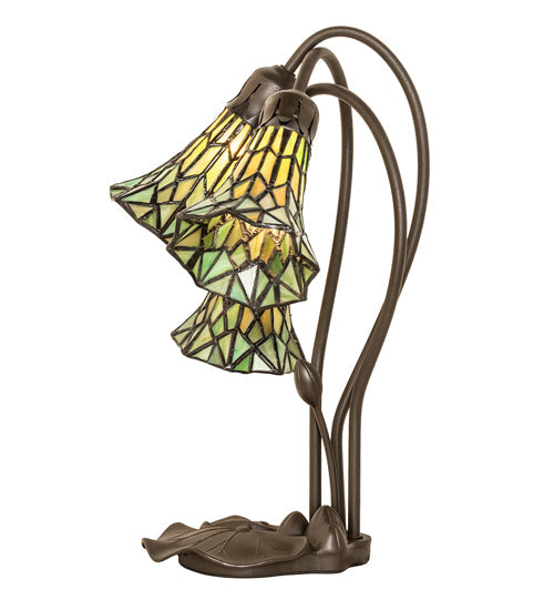 Meyda Lighting Stained Glass Pond Lily 16" 3-Light Mahogany Bronze Accent Table Lamp With Green Shade Glass