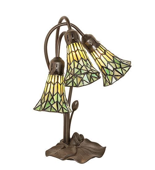 Meyda Lighting Stained Glass Pond Lily 16" 3-Light Mahogany Bronze Accent Table Lamp With Green Shade Glass